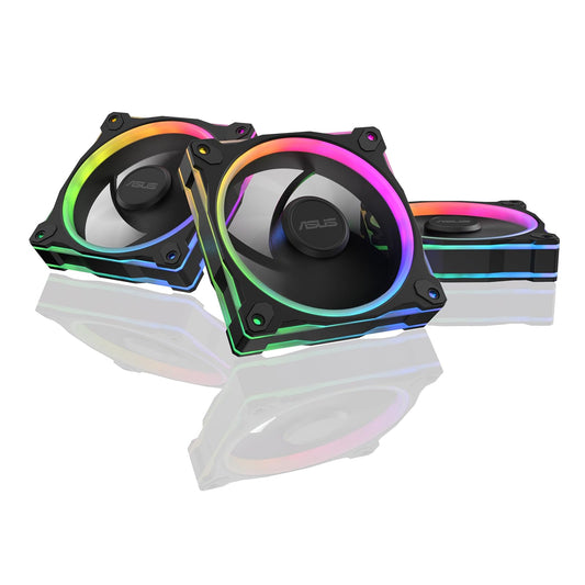 ASUS Prime MR120 ARGB - Ventilador negro triple paquete, marco extra grueso de 28 mm, refrigeración silenciosa de alto rendimiento con control PWM, 20 LED ARGB con iluminación de marco de doble cara