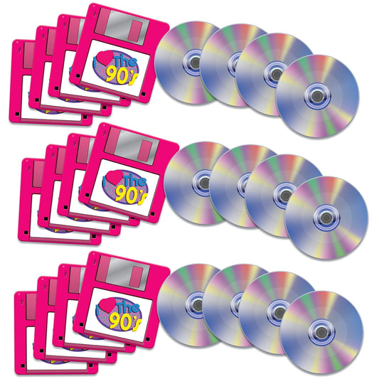 Beistle 24 Posavasos con temática Retro de los años 90 para CD y Disquete, para decoración de Fiesta de los 90, 3.25 x 3.25 Pulgadas, Multicolor
