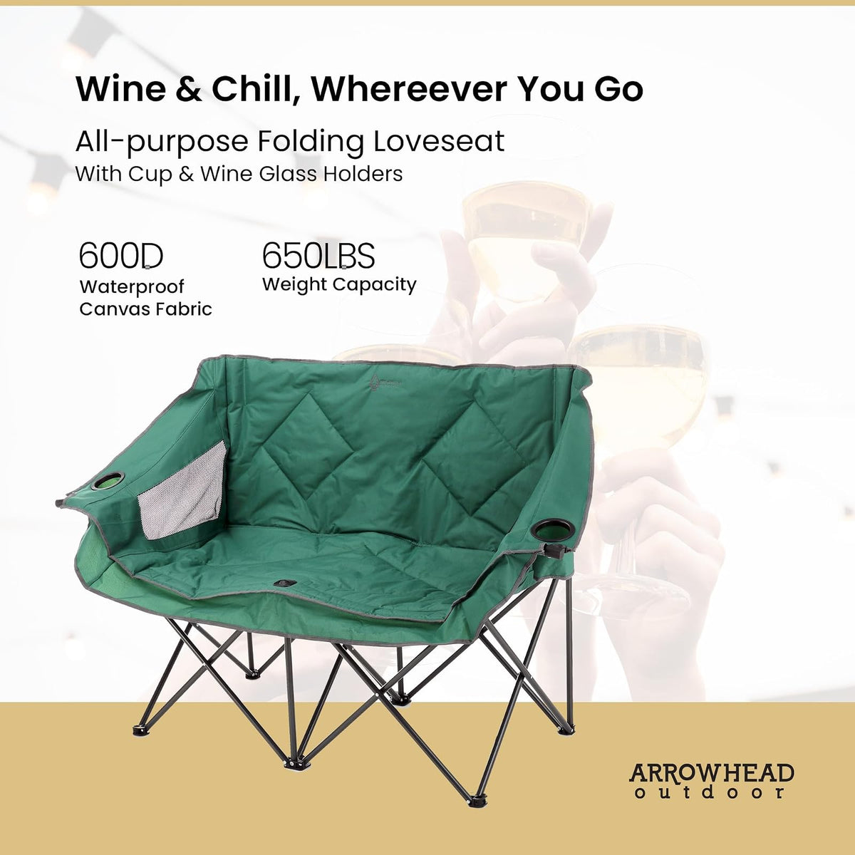 Arrowhead Outdoor - Sofá de Cama Doble Plegable portátil con 2 Tazas y Soporte para Copas de Vino, Bolsa de Transporte Resistente, Asientos Acolchados y apoyabrazos, soporta hasta 500 Libras, Soporte
