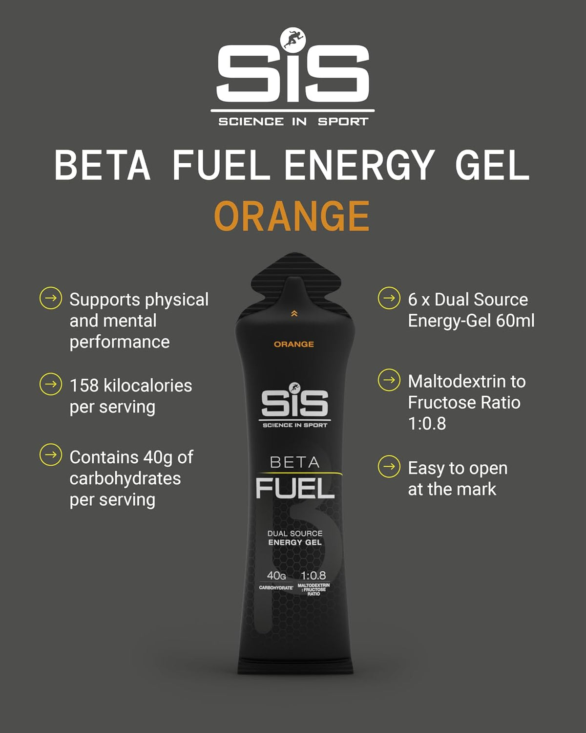 SIS Science in Sport Beta Fuel Gel sabor Naranja, Gel de Carbohidratos de Doble Fuente, 40g de Carbohidratos por Porción, Fácil de Digerir, 60ml (Pack de 6)