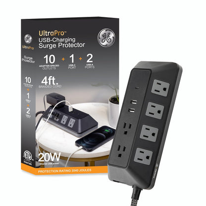 GE UltraPro Adapt Protector de Sobretensiones 5 Salidas con 2 Puertos USB-A - USB-C de 10 tomas