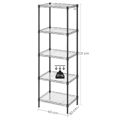 SONGMICS Estantería de Cocina, Estantería de 5 Niveles, 8 Ganchos, 30 x 40 x 121 cm, Metal, Altura Ajustable, Negro MLGR115B01V1