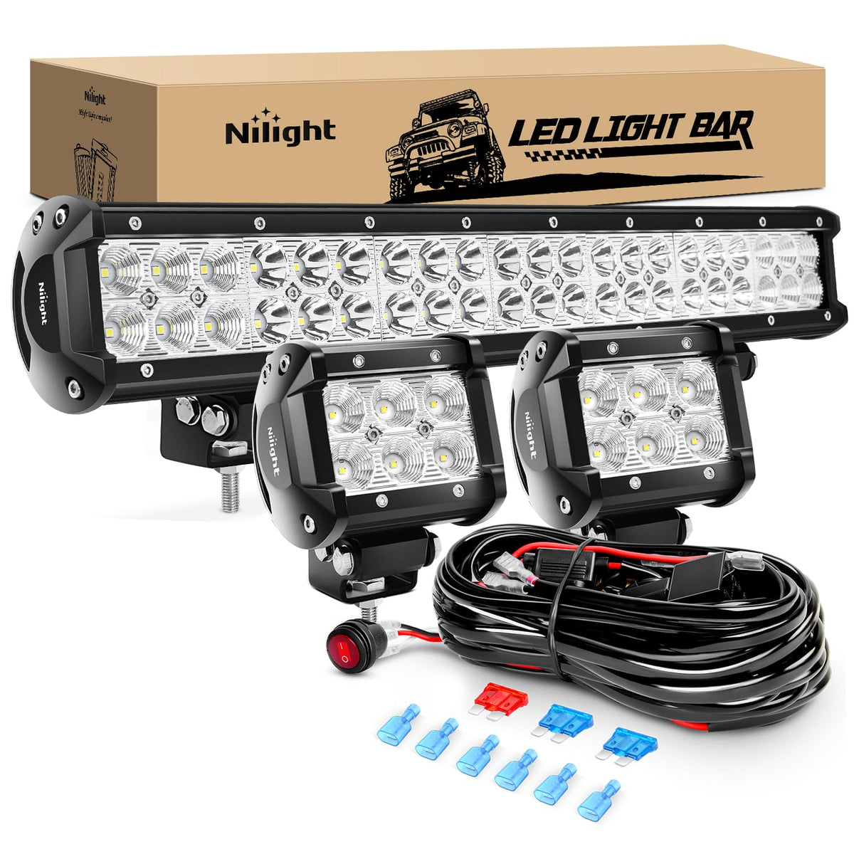 Nilight Barra de Luz LED Todoterreno 20 in 126 W con 2 Cápsulas LED 18 W 4 in y Arnés de Cableado, Negro, ZH001 - 126w +18w +Wiring Harness