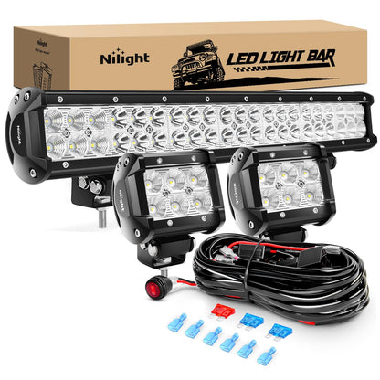 Nilight Barra de Luz LED Todoterreno 20 in 126 W con 2 Cápsulas LED 18 W 4 in y Arnés de Cableado, Negro, ZH001 - 126w +18w +Wiring Harness