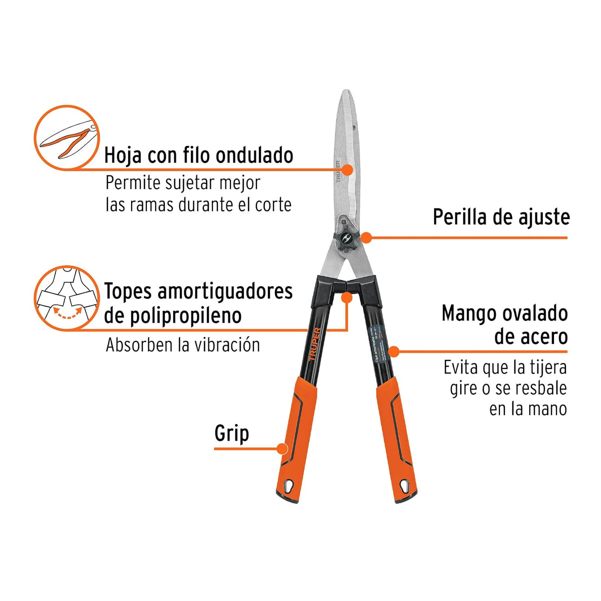 Truper TE-19W, Tijera para poda, tipo americano, 58 cm, mango madera c/ grip
