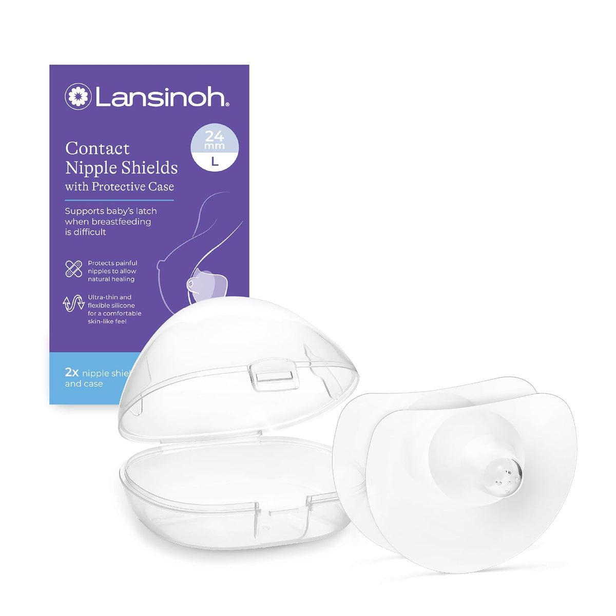 Lansinoh Nipple Shield for Breastfeeding, 2ct 24 Milimeter | Protectores de silicona ultrafinos suaves y flexibles (24 mm o 1 pulgada) para pezones sensibles y soporte de cierre