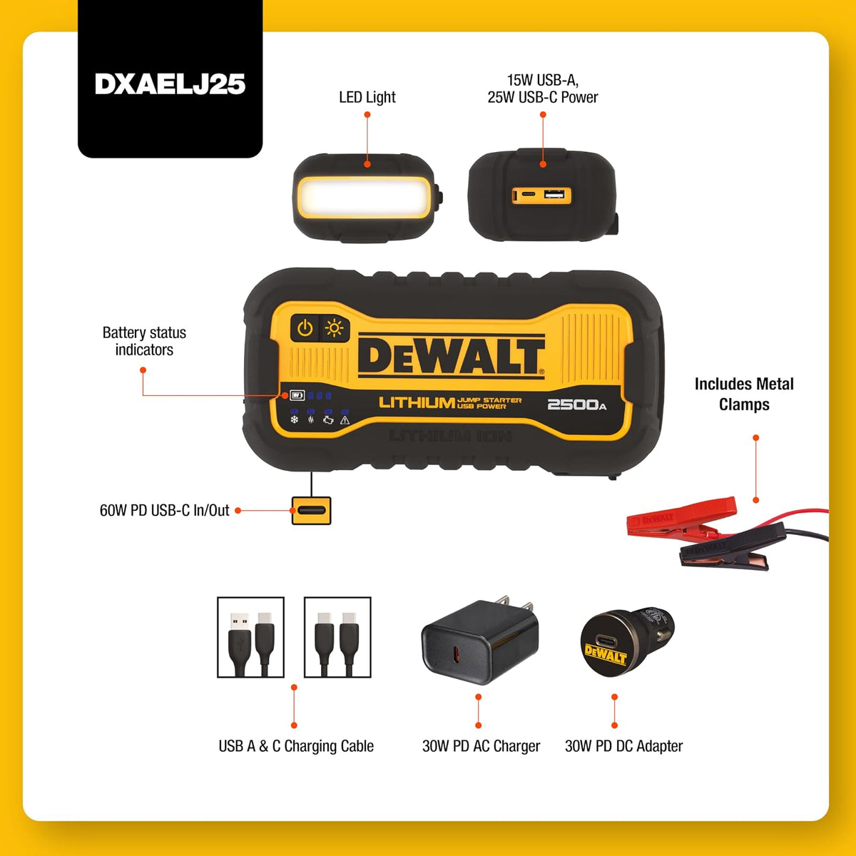 DEWALT DXAELJ25 2500 Peak Amp arrancador de Litio portátil con 25 W Tipo C, 15 W Tipo A, 60 W Tipo C Entrada/Salida