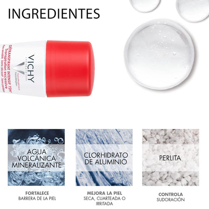 Vichy Deo Stress Resist Desodorante, Anti-transpirante para Sudoración Excesiva en Roll-On, para Todo Tipo de Piel Incluso Sensible, con Perlita y Agua Volcánica de Vichy, Mejora la Piel Seca, 50 ml