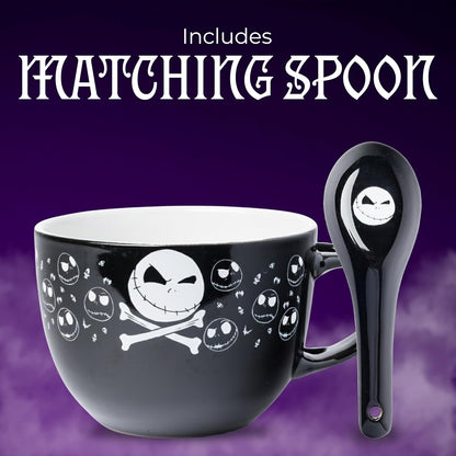 Silver Buffalo Nightmare Before Christmas Jack Cross Bones - Taza de sopa de cerámica con cuchara de 24 onzas