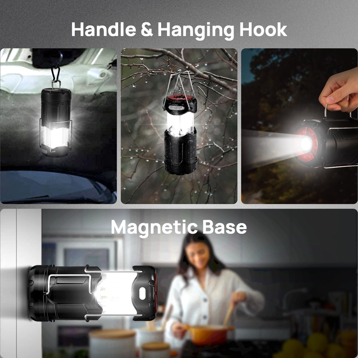 Linterna LED plegable para acampar, recargable por USB C y alimentado por pilas, luz de emergencia 2 en 1 con linterna y base magnética, cortes de energía, suministros de huracán, kits de