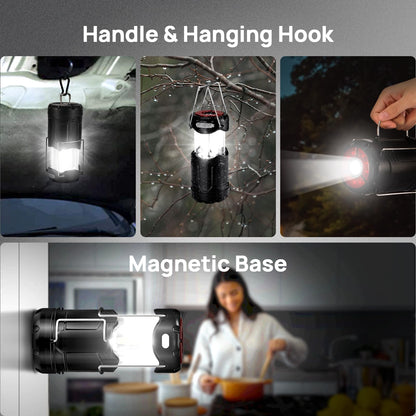 Linterna LED plegable para acampar, recargable por USB C y alimentado por pilas, luz de emergencia 2 en 1 con linterna y base magnética, cortes de energía, suministros de huracán, kits de