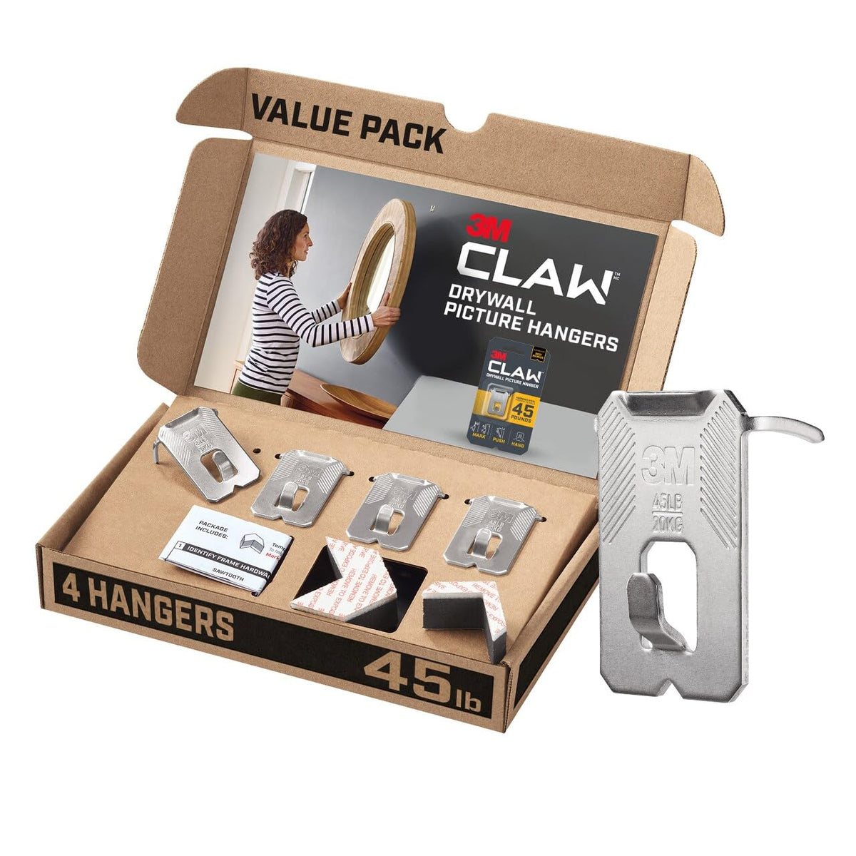 3M CLAW Colgador de fotos para paneles de yeso con marcador de puntos temporales, soporta 45 libras, 4 perchas, 4 marcadores/paquete