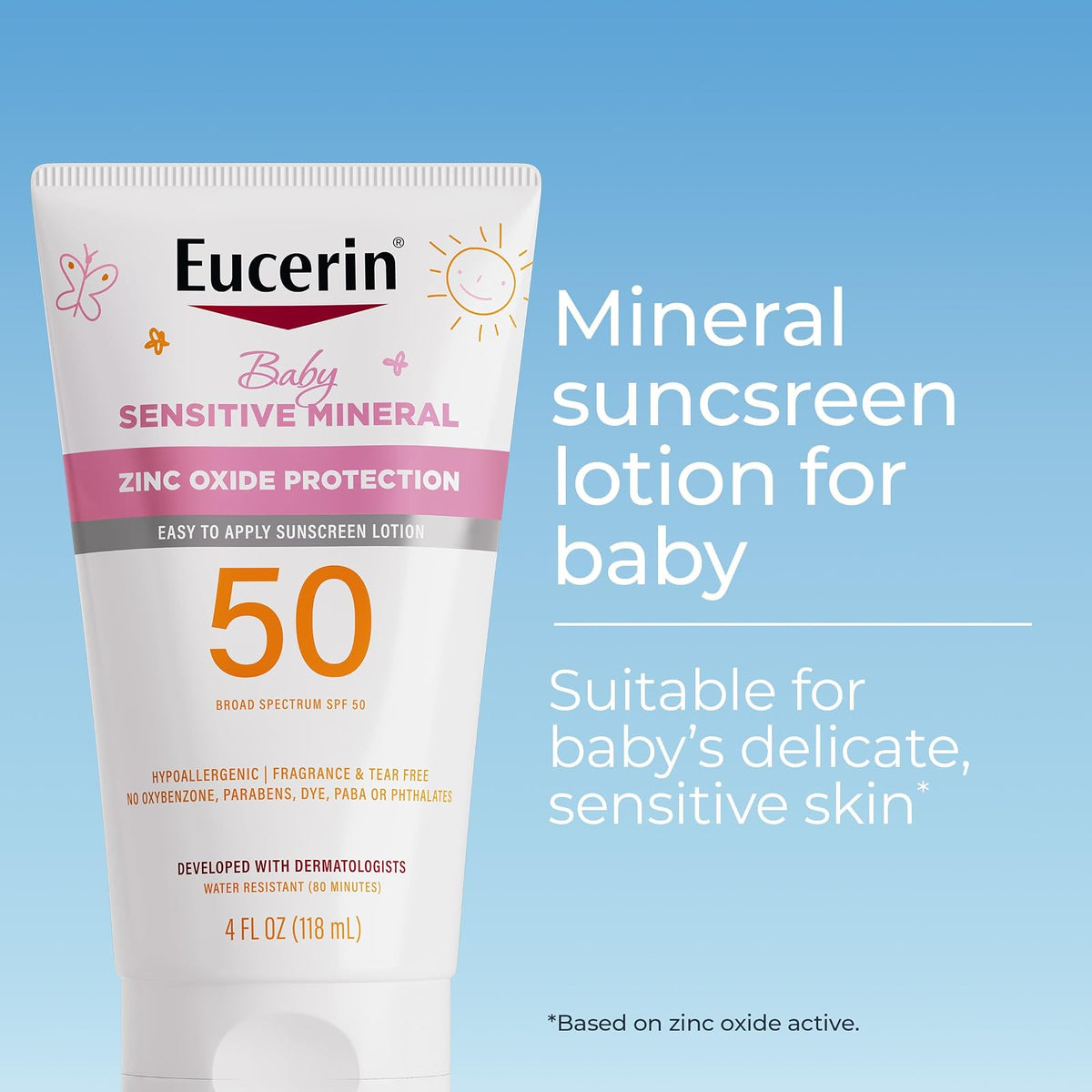 Eucerin Sun Sensitive Mineral Baby Protector solar SPF 50, loción protectora solar con protección de óxido de zinc, tubo de 4 onzas líquidas