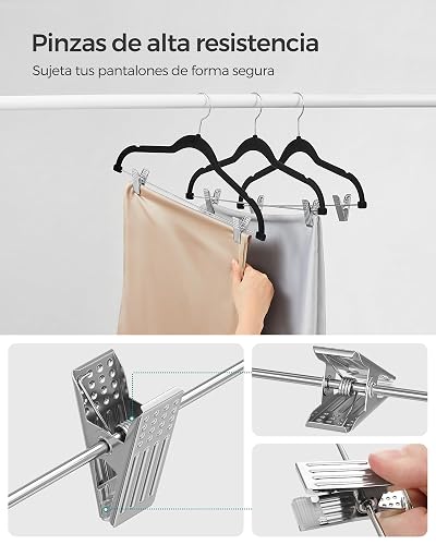 SONGMICS Perchas para Pantalones, 30 Perchas de Terciopelo, 42.5 cm de Largo, con Clips Ajustables, Antideslizantes, Negro MCRF12B30