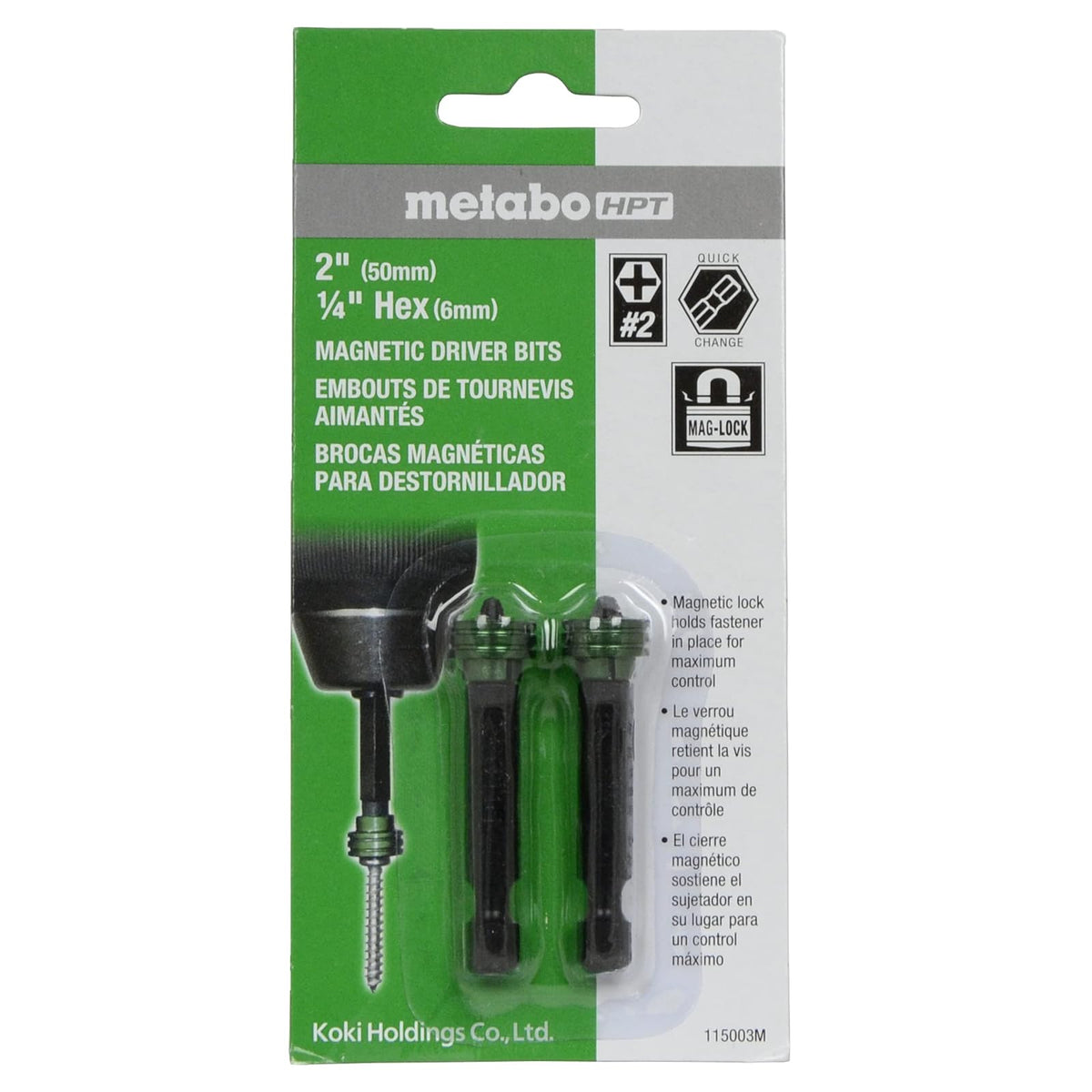 Metabo HPT - Brocas magnéticas para destornillador, No. 2, 1/4" Hex, paquete de 2 (115003M)