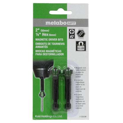 Metabo HPT - Brocas magnéticas para destornillador, No. 2, 1/4" Hex, paquete de 2 (115003M)