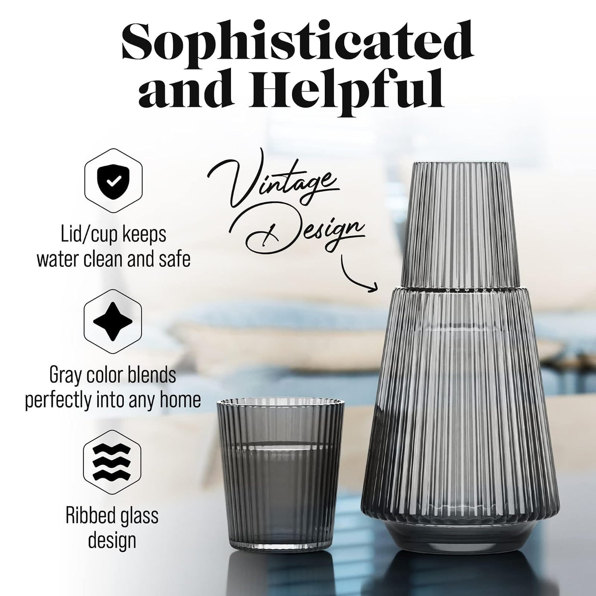 American Atelier - Jarra de agua de noche clásico con vaso, jarra acanalada de 42 onzas y vaso a juego, doble como tapa para habitación de invitados, oficina o regalo, 4.5 x 9.2 pulgadas (gris)