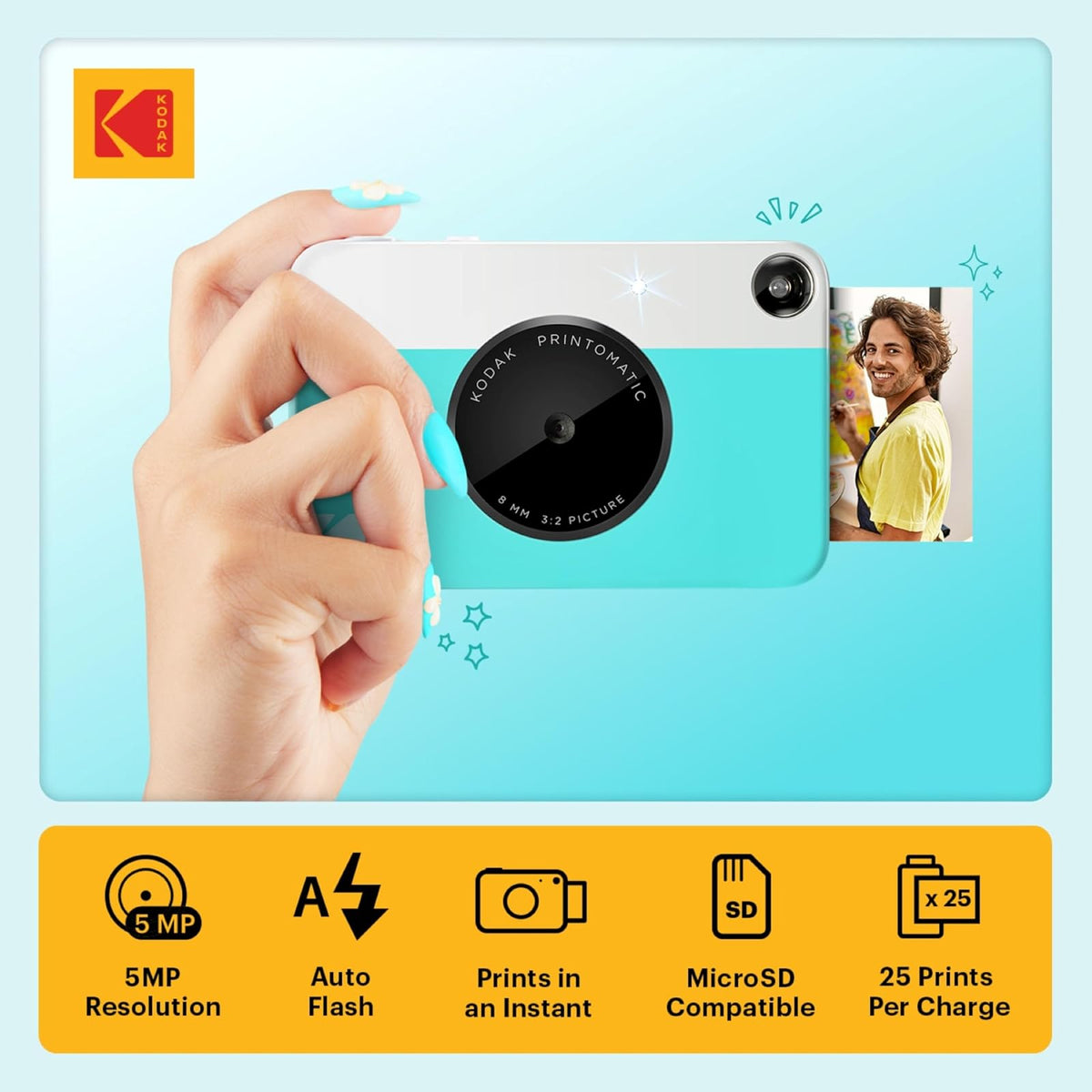 KODAK Printomatic Instant Camera (Blue) Gift Bundle + Zink Paper (20 Sheets) + Deluxe Case + 7 Fun Sticker Sets + Twin Tip Markers + Photo Album.