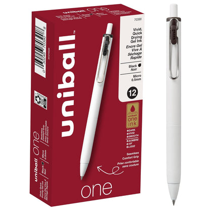 Uniball One - Bolígrafos de gel retráctiles, micro punta (0,5 mm), tinta negra, paquete de 12