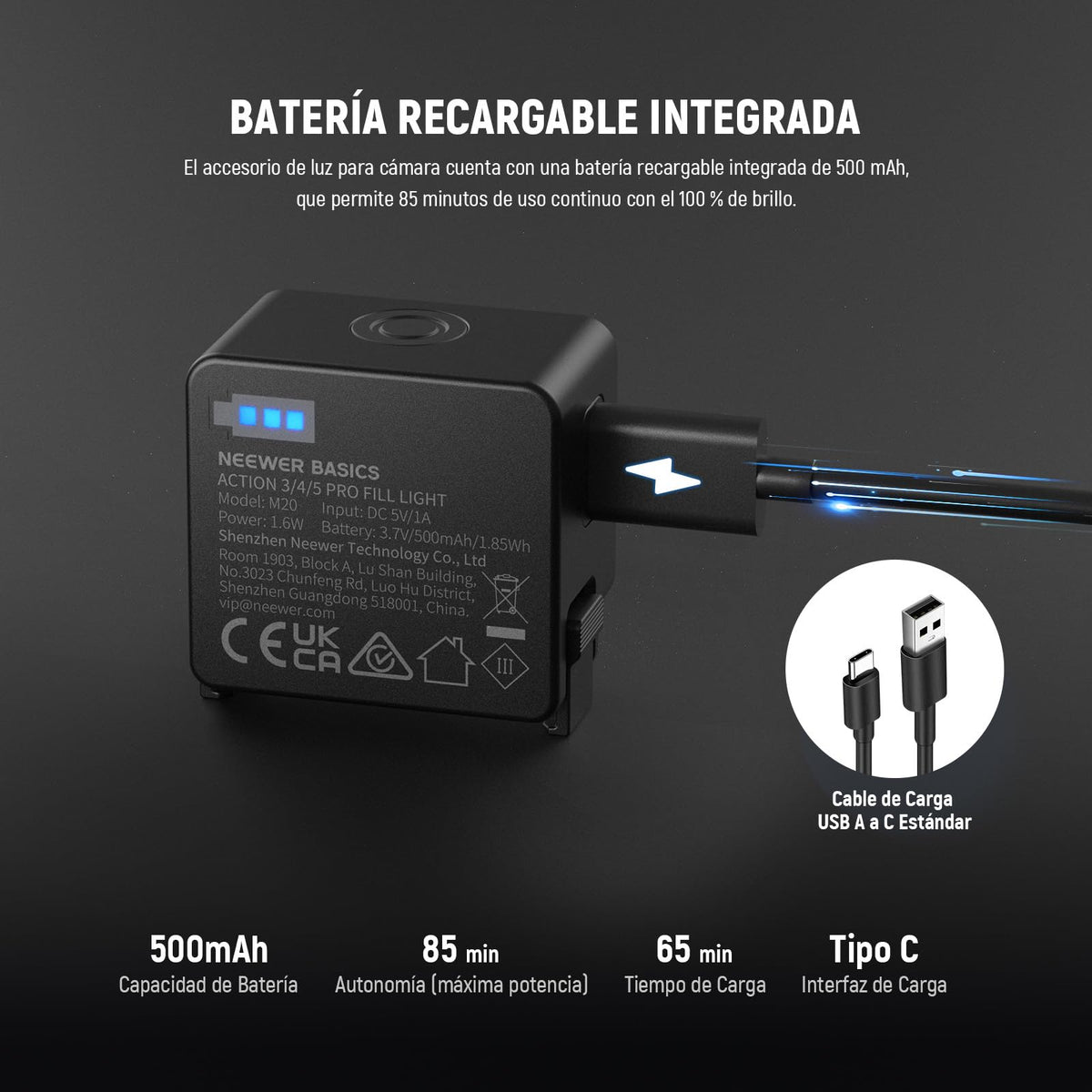 NEEWER BáSICO M20 Luz LED Magnética para Cámara Compatible con dji OSMO Action 3 4 5 Pro Cage AC009 Pro Pocket 3 Accesorios Adaptador Expansión, Mini Luz Relleno Plástico 5600K CRI95+