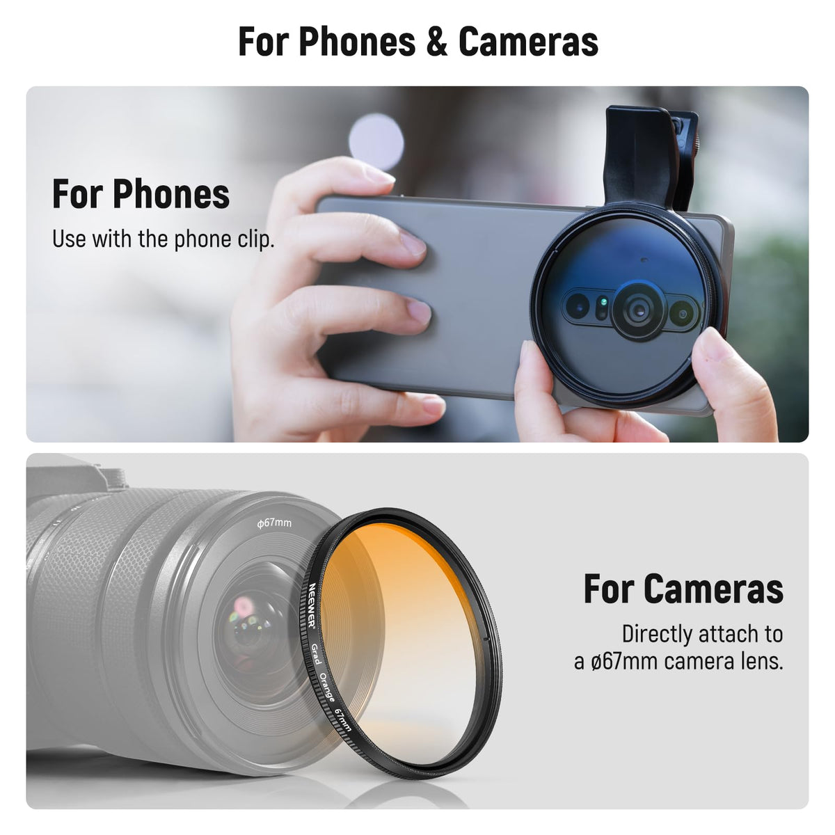 NEEWER Juego de 7 67mm Filtros ND, Compatible con Android Samsung Google Pixel Huawei Xiaomi Clip On CPL+ ND32 + Starlight + GND(Rojo/Naranja/Amarillo/Azul), Kit Accesorios Foto Lentes Cámara, FL-P11