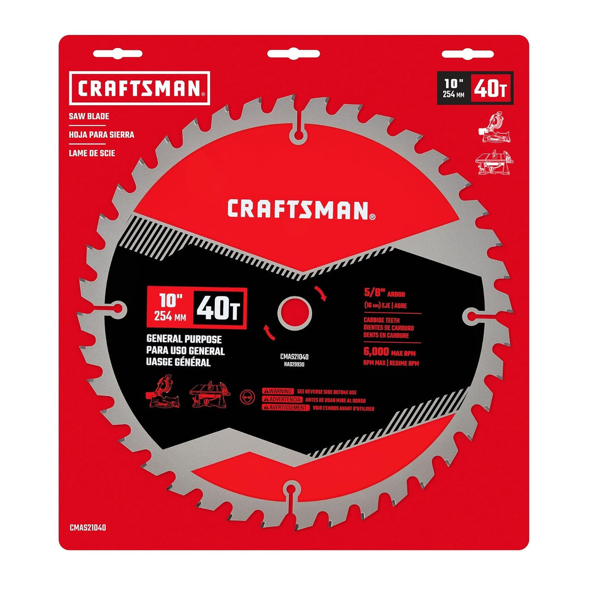 CRAFTSMAN - Hoja de sierra circular de carburo 40T de 10 pulgadas, hoja de sierra de mesa con eje de 5/8 pulgadas (CMAS21040)