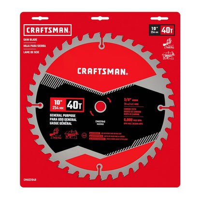 CRAFTSMAN - Hoja de sierra circular de carburo 40T de 10 pulgadas, hoja de sierra de mesa con eje de 5/8 pulgadas (CMAS21040)
