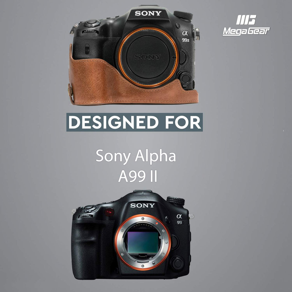 MegaGear MG1084 Estuche Ever Ready, Media Funda, Estuche de Base, Funda de Cuero, de Pronto Uso, con Correa Compatible con Sony Alpha A99 II - Marron Oscuro