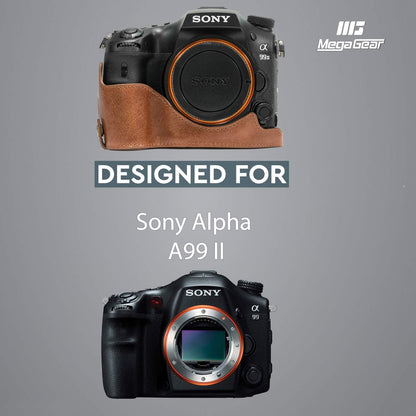 MegaGear MG1084 Estuche Ever Ready, Media Funda, Estuche de Base, Funda de Cuero, de Pronto Uso, con Correa Compatible con Sony Alpha A99 II - Marron Oscuro