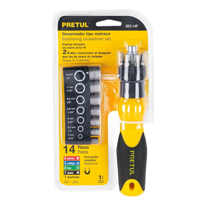 Pretul DES-14P, Desarmador tipo matraca con 6 puntas y 7 dados