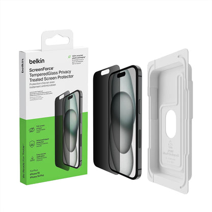 Belkin Protector de Pantalla de Vidrio Templado de Privacidad para iPhone 15 y 14 Pro, Resistente a Arañazos, Incluye Bandeja de Alineación para Aplicación Sin Burbujas