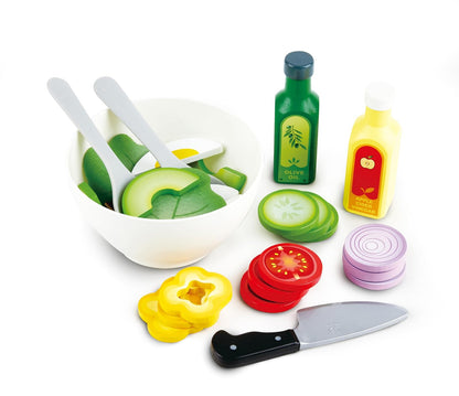 Hape Set de Ensalada de Madera para Niños, Alimentos de Juguete para Cortar con Velcro, Incluye Ensaladera, Verduras, Huevo, Utensilios y Aderezos, Juego de rol Educativo - Colores de cocina de madera