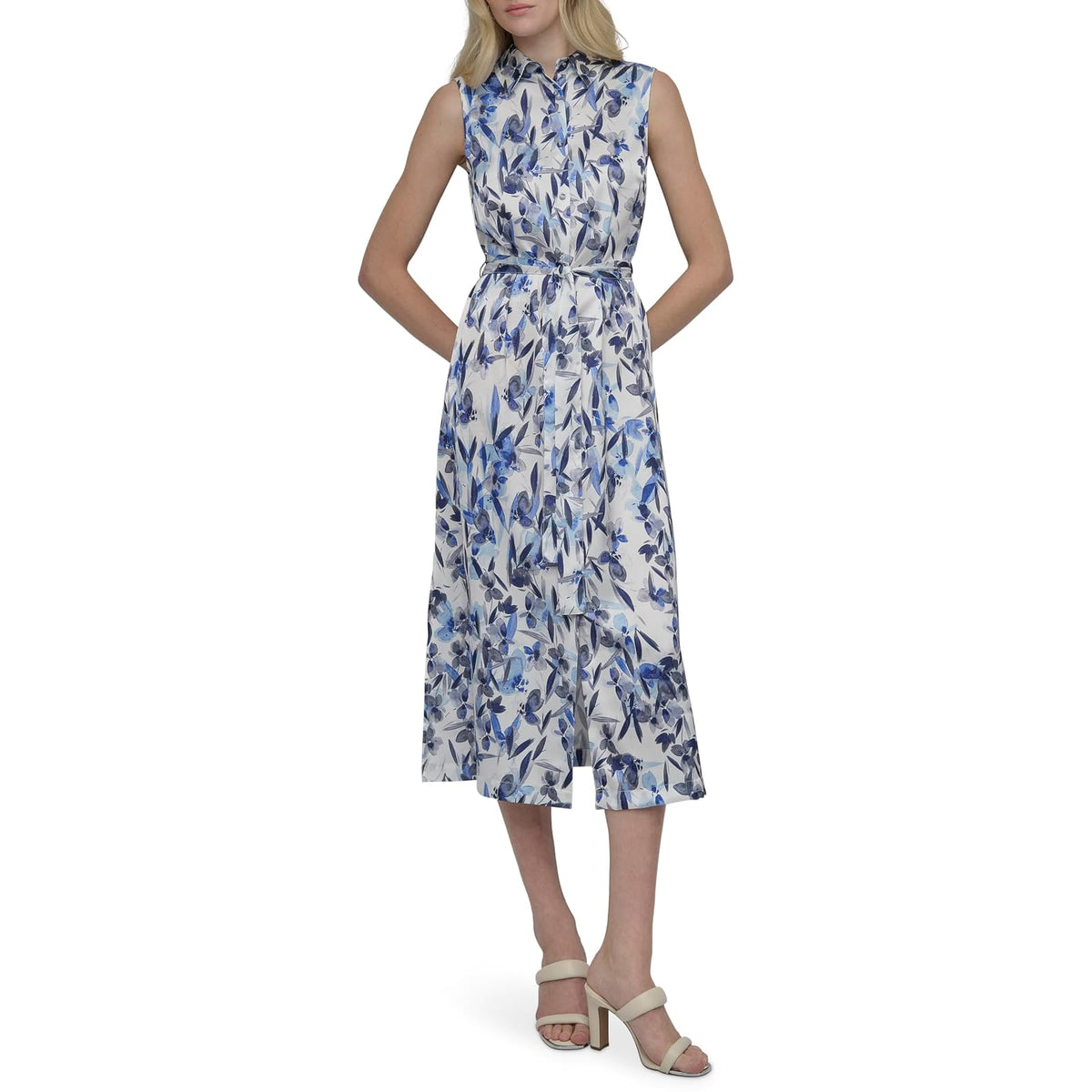 DKNY Vestido Midi Cuello Camisero sin Mangas - 8 - Crema - Iris