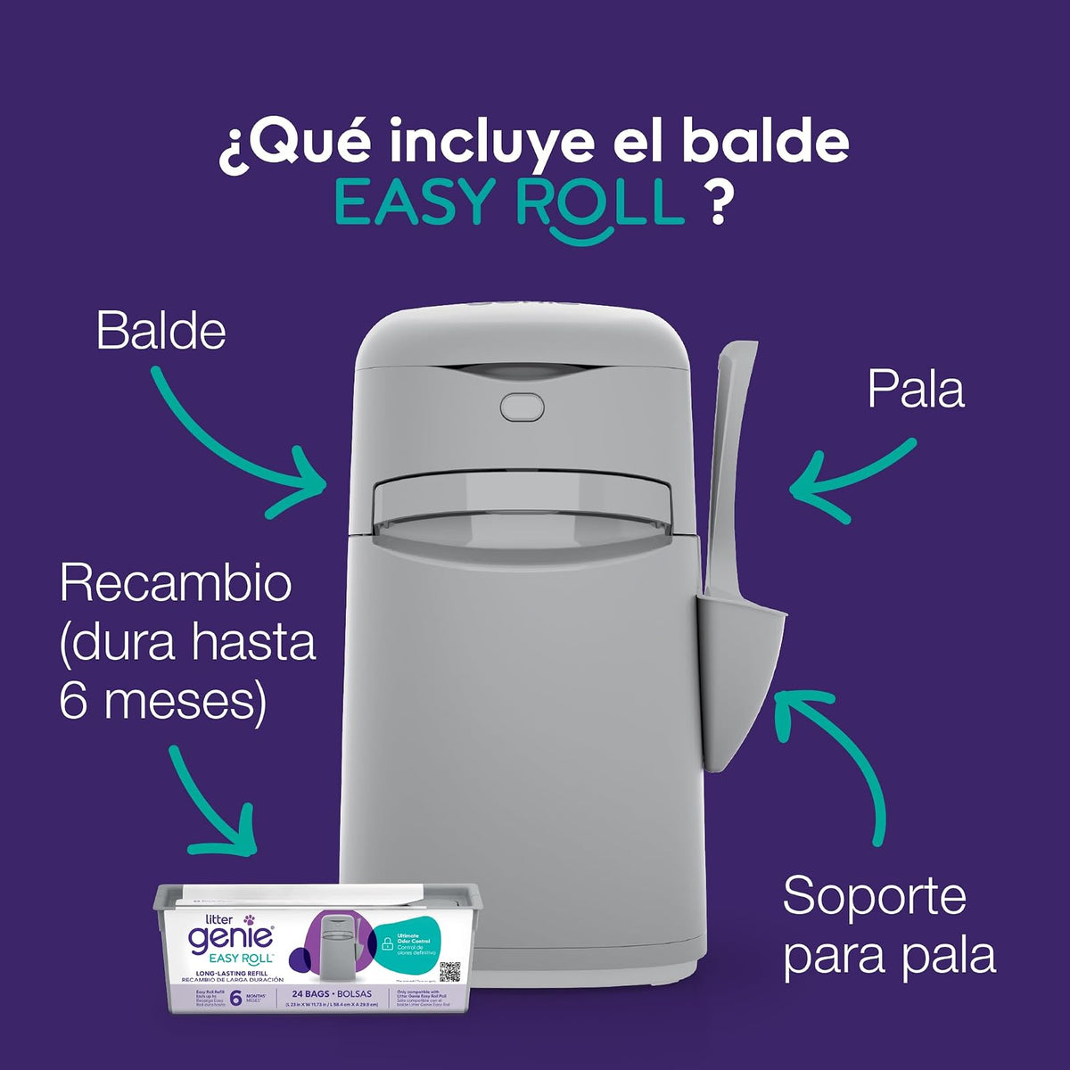 Litter Genie Bote Easy Roll Incluye 1 Recambio de Larga duración Que Puede durar hasta 6 Meses, una Pala y un Soporte para Pala