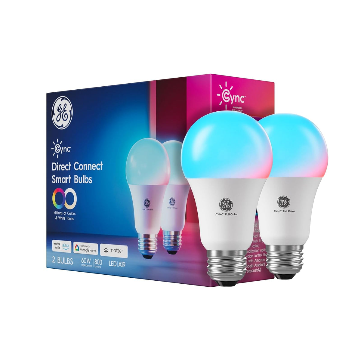 GE Cync - Bombillas LED inteligentes A19, decoración de habitación, luces WiFi estéticas que cambian de color, foco LED interior, compatible con Alexa y Google (paquete de 2)
