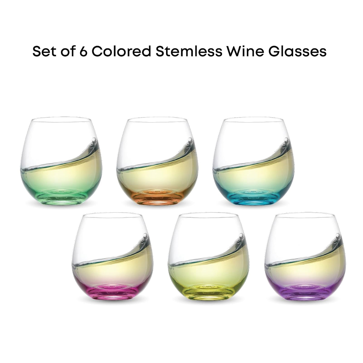 JoyJolt Hue Stemless Wine Glass Set, Large 15 oz Juego de 6 tazones de vino Blanco Rojo o aguamarina, Sin tallo, vaso de colores