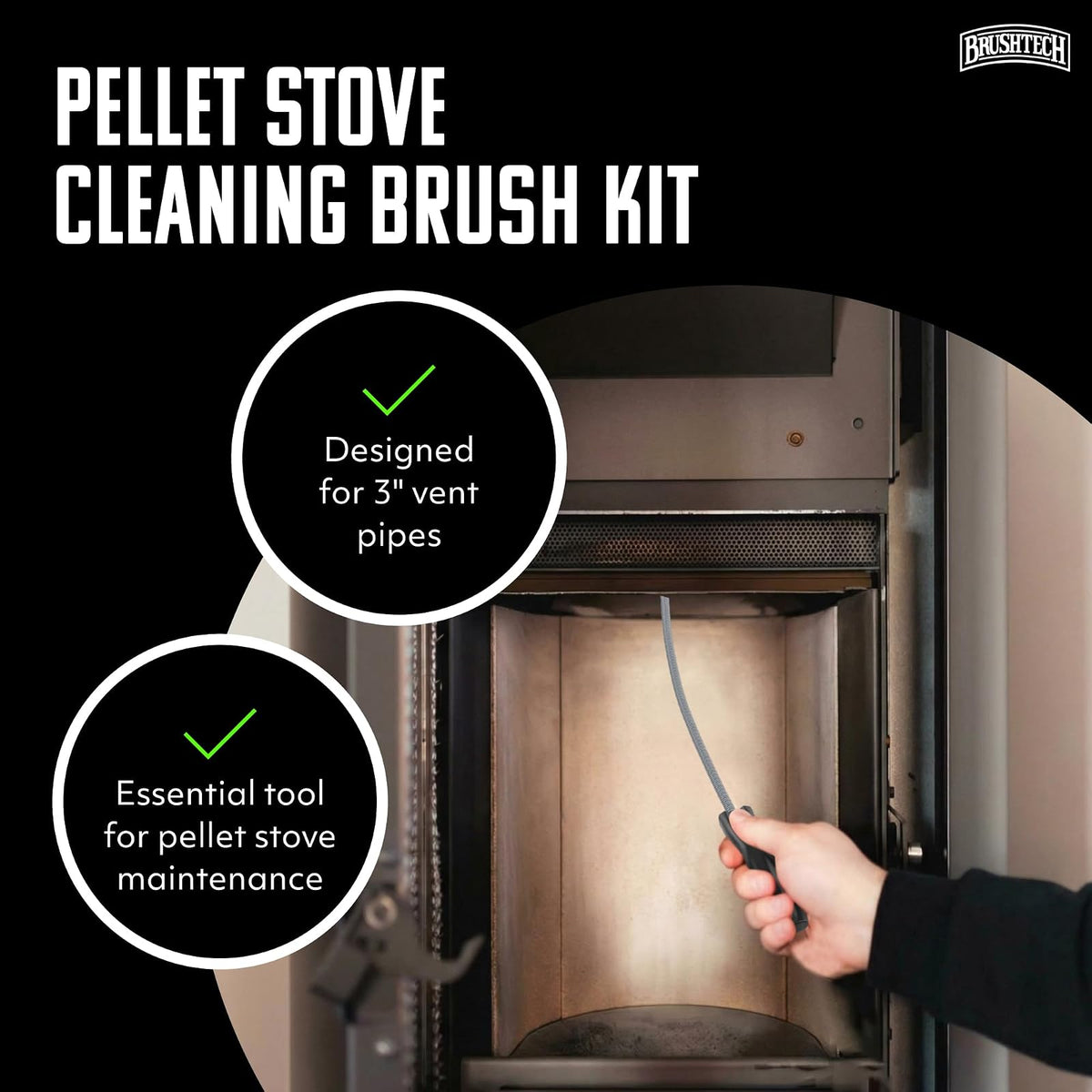 Brushtech Pellet Stove Cleaning Brush Kit de Cepillo para Polvo de Limpieza para Tubos de refrigeración de 3 Pulgadas