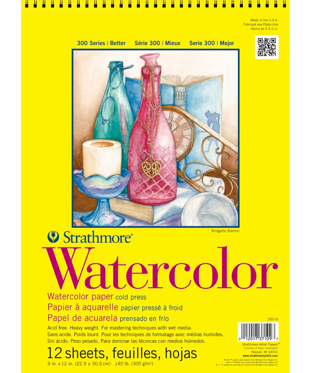 Strathmore - Almohadilla de Papel de Acuarela Serie 300, encuadernada con Alambre Superior, 9 x 12 Pulgadas, 12 Hojas (300 g) - Papel de Artista para Adultos y Estudiantes, Acuarelas, Medios Mixtos,