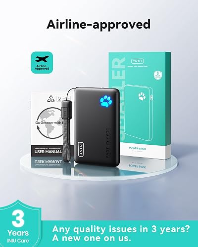 INIU Cargador portátil, Ultra Delgado de 45W de Carga rápida con Cable USB C Adjunto, batería de Banco de Potencia PD de 10000mAh Segura para vuelos, Cargador de teléfono Esencial para Viajes para