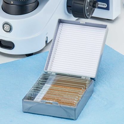 Globe Scientific 513075A - Caja de almacenamiento con forro de corcho de plástico ABS para 25 diapositivas, color gris