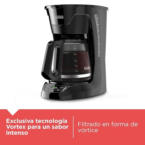 Black+Decker Cafetera Programable 12 Tazas con Filtro Permanente, CM1110B | Panel digital para programar la hora de tu café con sistema de goteo Vortex y jarra de vidrio