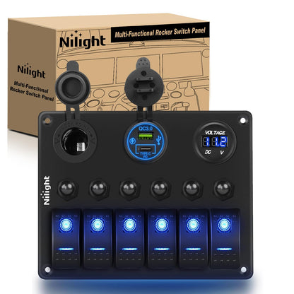 Nilight - Panel de interruptor basculante de 6 bandas impermeable, paneles de aluminio precableados con PD tipo C y encendedor de cigarrillos USB, voltímetro de 12 V, 24 V, interruptores de encendido - Tipo C + USB Azul