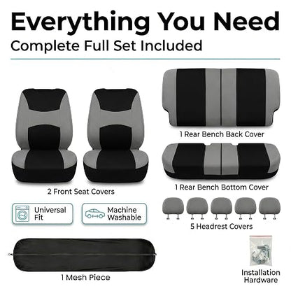 FH GROUP FH-FB030217-COMBO Light & Breezy Gray/Black Cloth Seat Cover Set Airbag & Split Ready- Fit Most Car, Truck, SUV, or Van
