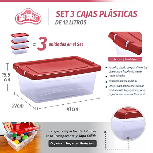 Guateplast Contenedor de Almacenamiento 13 Qt 12 L Rojo | Juego de 3, tapas de colores, transparente, polipropileno virgen, apilable