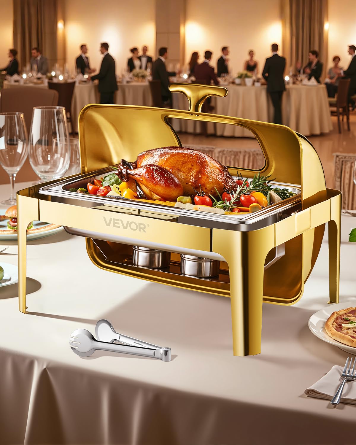 VEVOR Calentador de Alimentos Rectangular de Acero Inoxidable 8.5 L - Tapa visible - Dorado