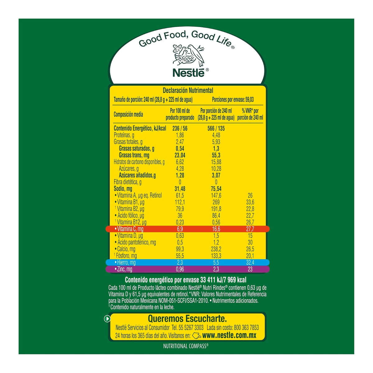 Nutri Rindes en Polvo,Adicionado de Vitaminas A, D, C, B1 y B5, Hierro, Ácido Fólico, Calcio, Hierro y Zinc, Lata de 1.7 kg