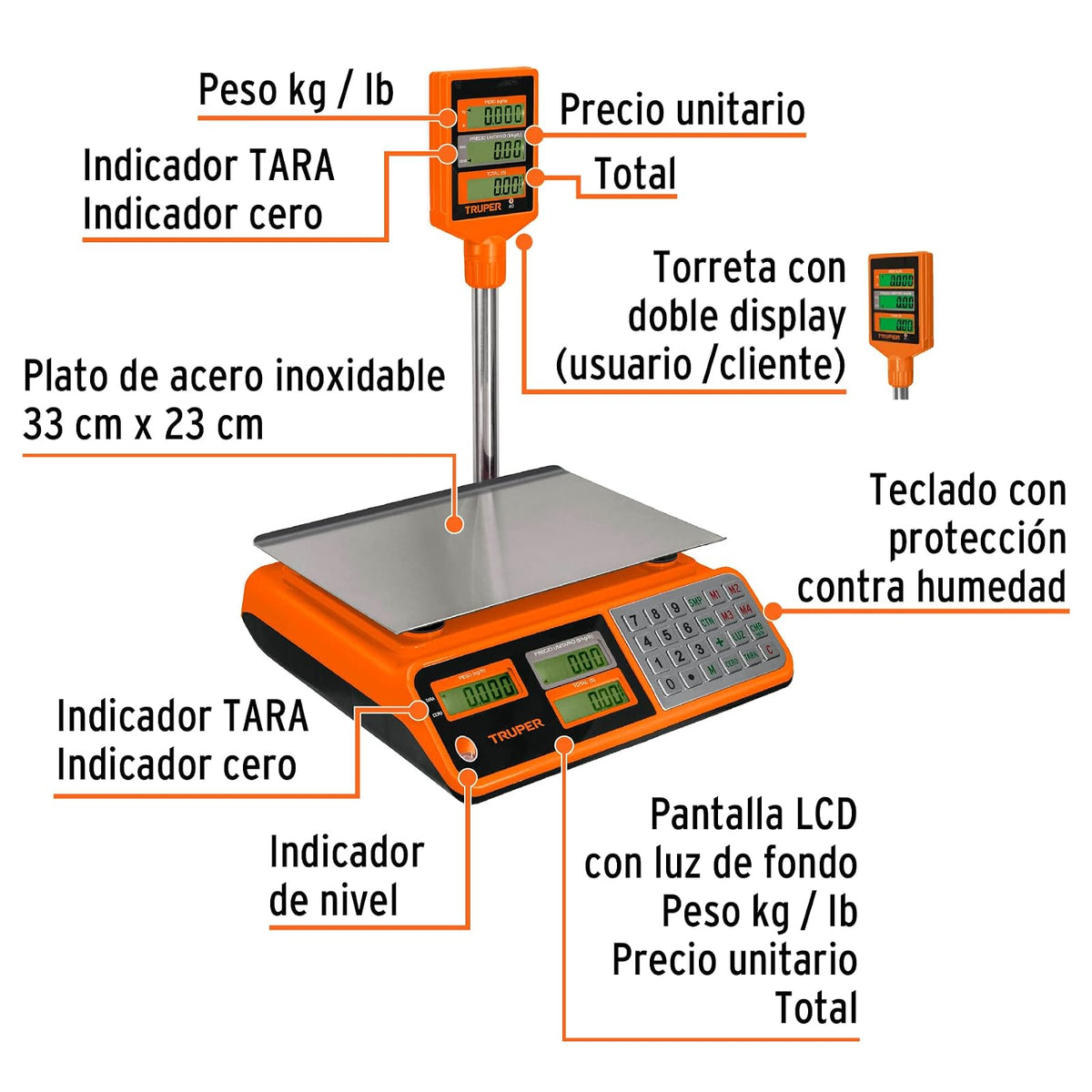 Truper BASE-40T Báscula electrónica multifunciones con torreta, 40 kg