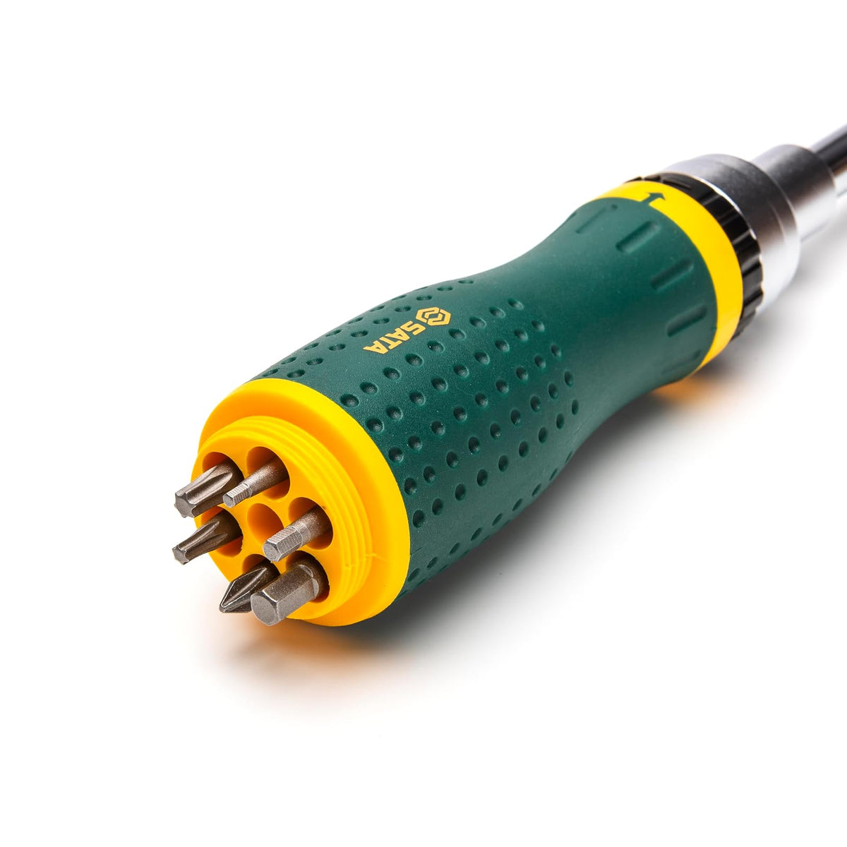 SATA ST09350 - Juego de destornilladores de carraca multiusos 19 en 1 con 8 puntas de doble cara y un mango resistente al aceite verde y amarillo
