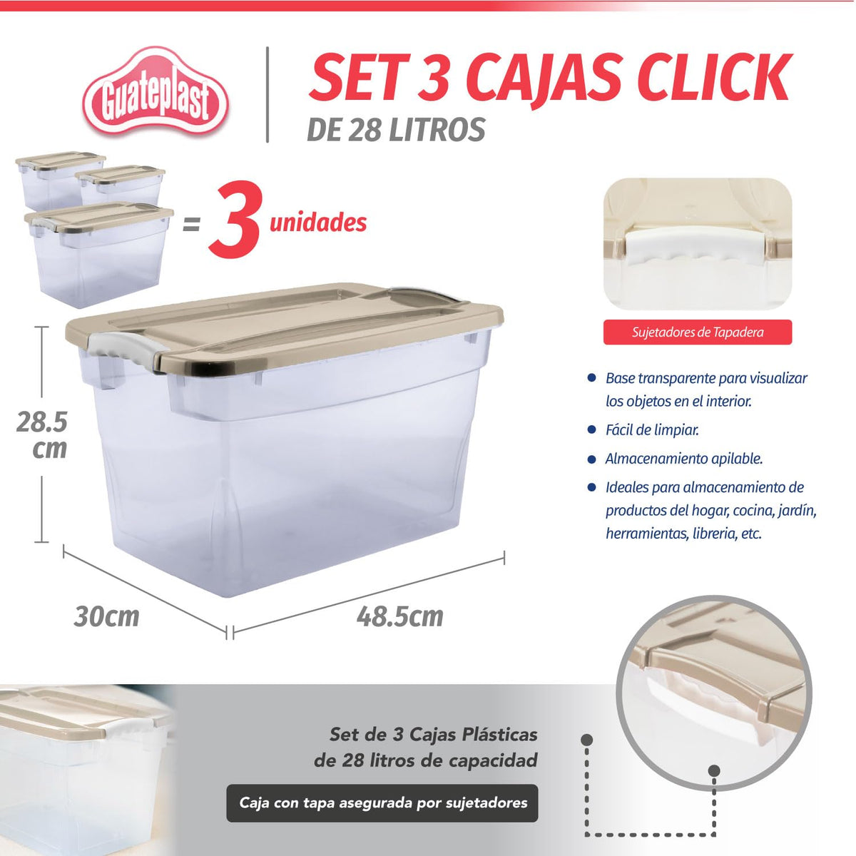Set de 3 Cajas de Almacenamiento 28 L con Cierre Click Color Capuccino