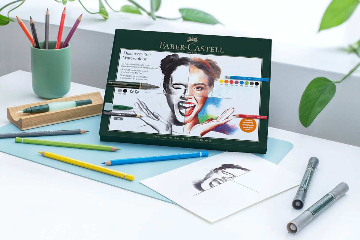 Faber-Castell Discovery Set Albrecht Durer - Juego de arte soluble en agua, 12 piezas, suministros para artistas, lápices para colorear acuarela, rotuladores de acuarela, cepillo para polvo de agua